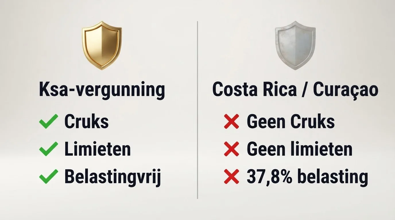 Een visuele weergave van het verschil tussen de Ksa-vergunning en buitenlandse casino-licenties zoals Costa Rica en Curaçao, met de bescherming die Nederlandse spelers per type genieten