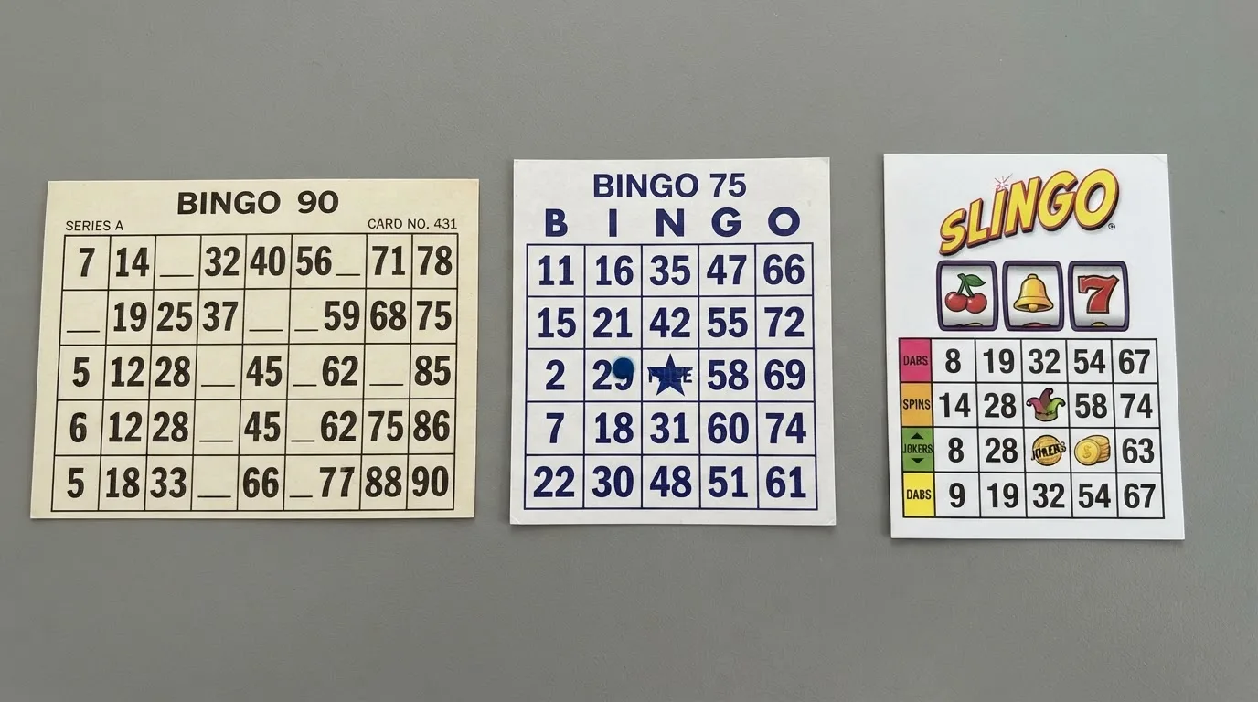 Een overzichtelijk raster van bingokaarten in verschillende formaten — 90-ball, 75-ball en een Slingo-kaart — elk met een eigen kleur en stijl