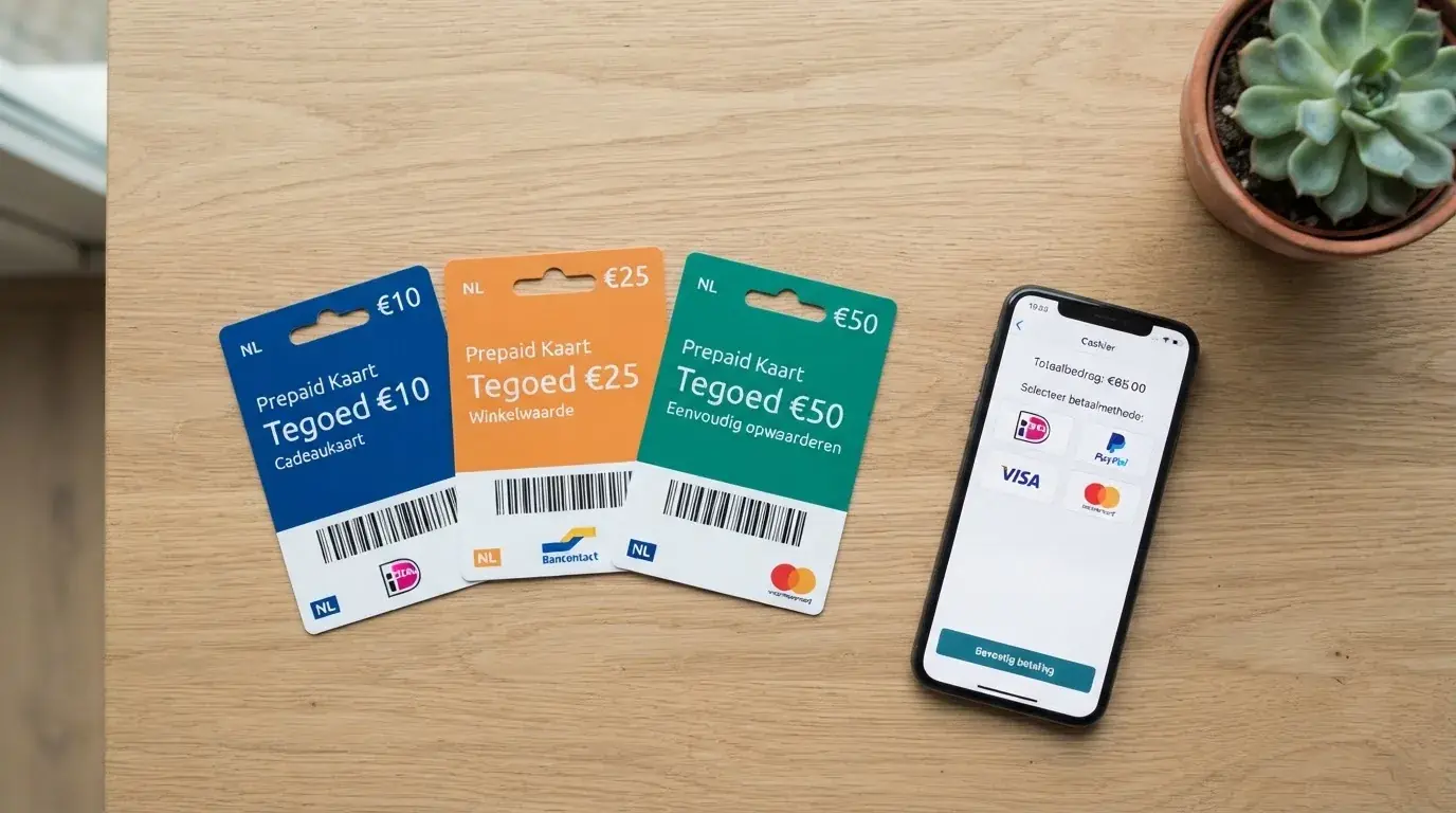 Drie paysafecard-vouchers in coupures van €10, €25 en €50 liggen op een tafel naast een smartphone met een casino-kassier in beeld