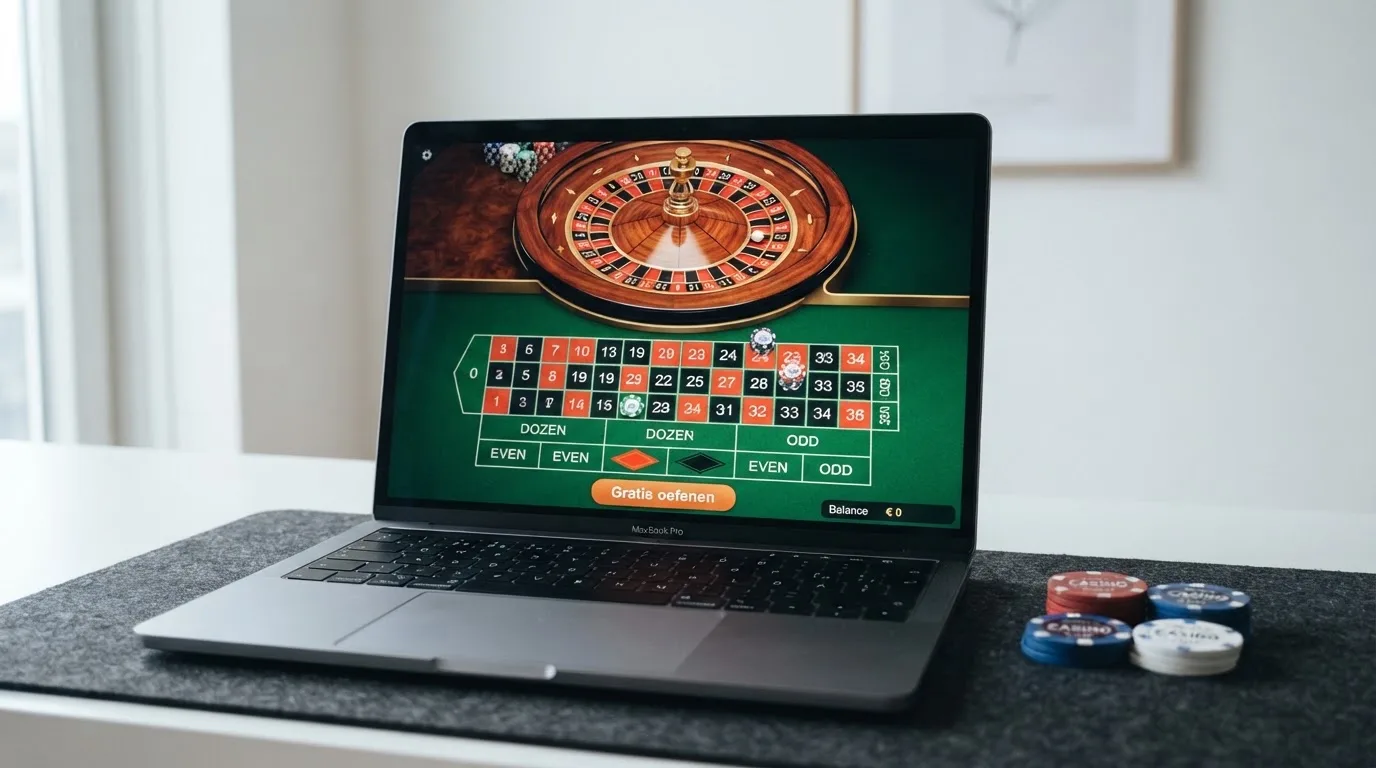 Een digitale roulettetafel met inzetvakken, klaar voor een gratis oefenronde.