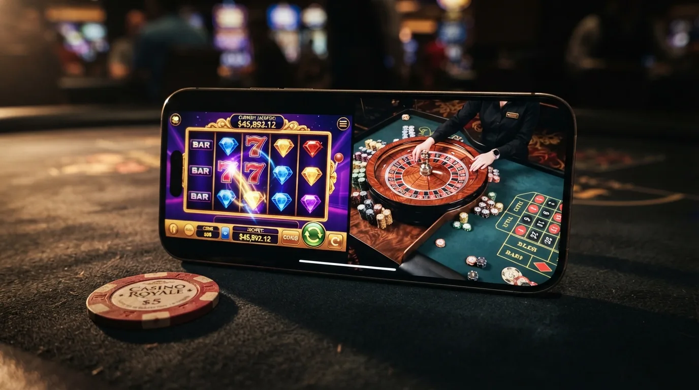 Een iPhone in liggende stand met een kleurrijke gokkast links en een live-roulettetafel met een echte dealer rechts op het scherm