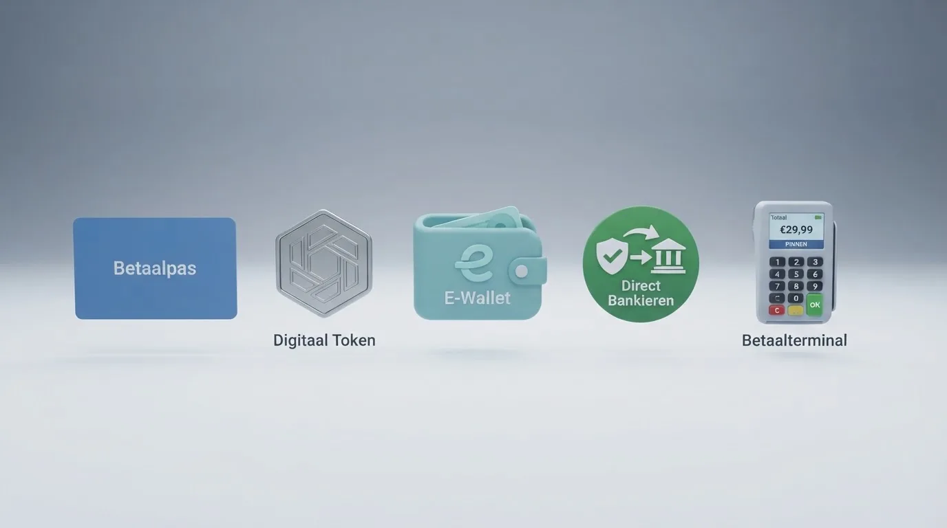 Een rij betaalopties op een scherm: Trustly, cryptovaluta, e-wallets en een creditcard