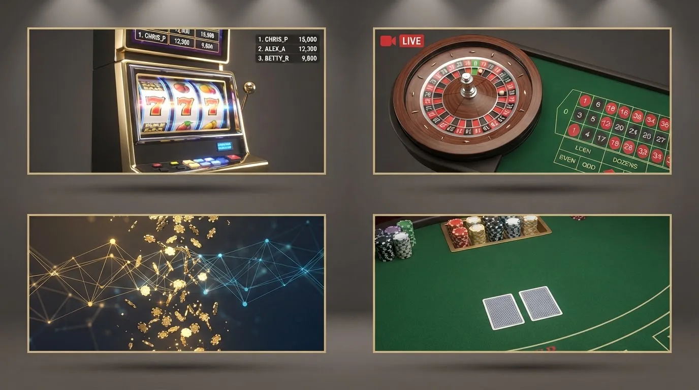 Vier panelen die de belangrijkste toernooitypes tonen: een slots-toernooi, een live-roulettetafel, een netwerktoernooi-logo en een pokertoernooi-tafel