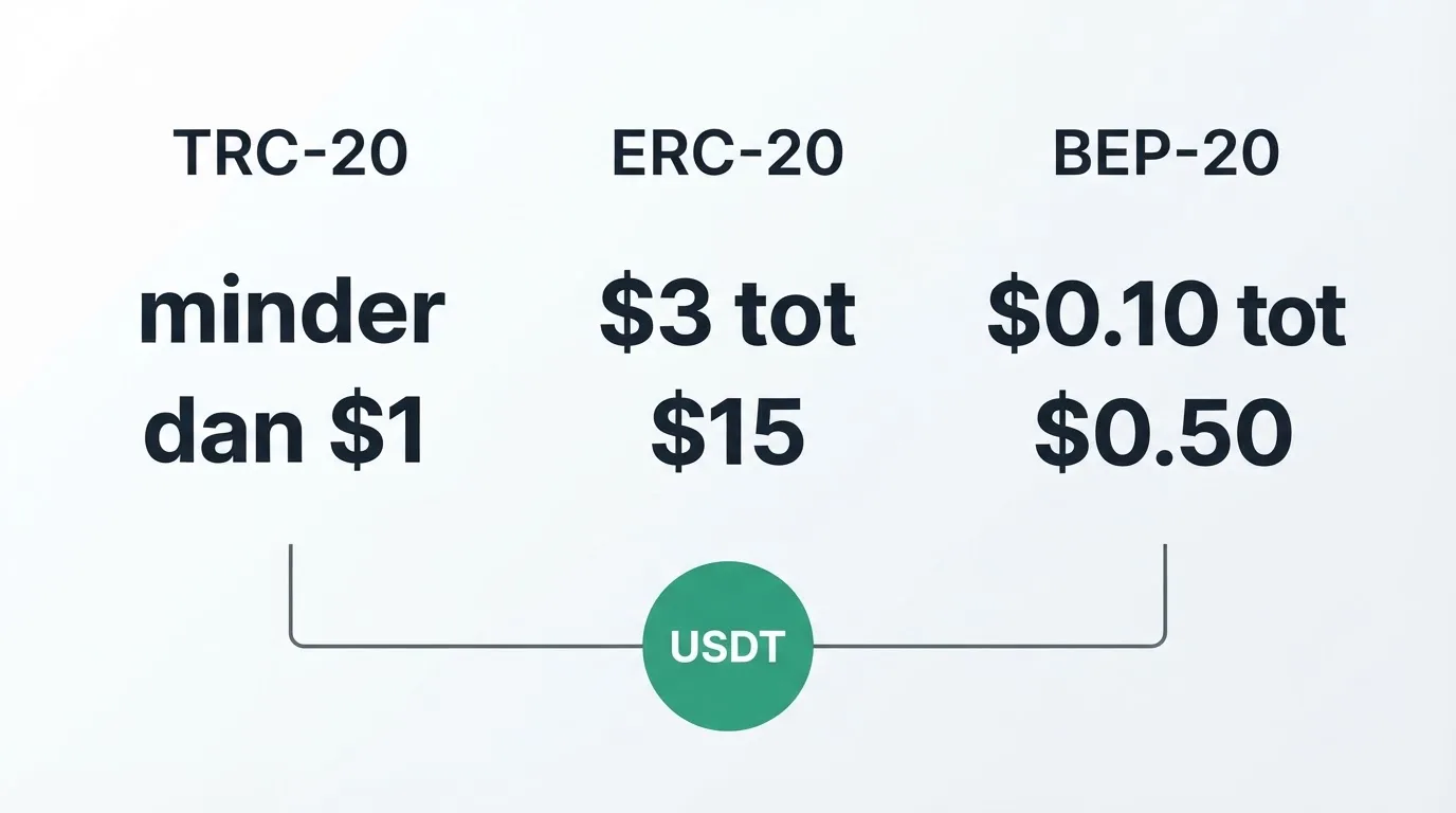Drie netwerkketens met hun transactiekosten: TRC-20, ERC-20 en BEP-20